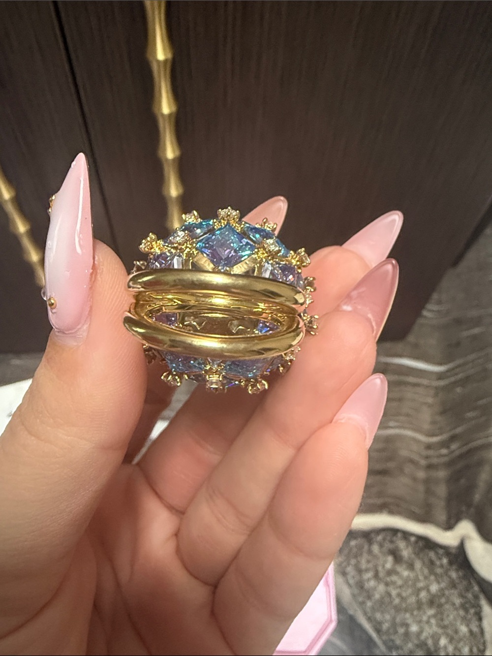 Swarovski Gold Ring with Iridescent Blue-Purple Crystal Dome - Picture 15 of 17